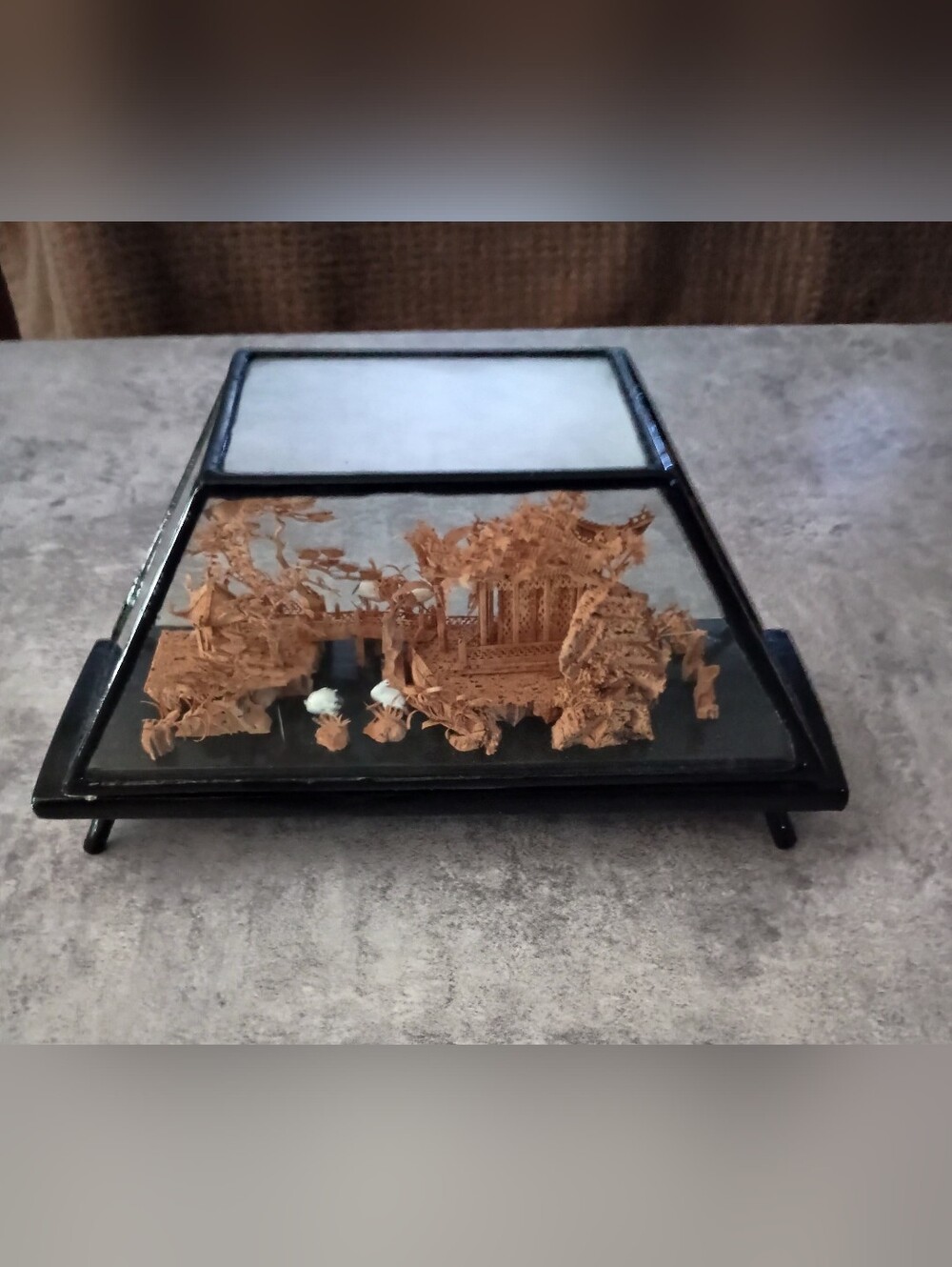 Intricate Carved Cork Diorama Under Black Glass Stand